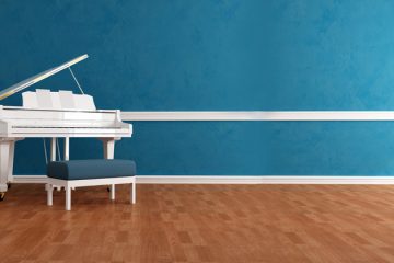 white gran piano in blue interior